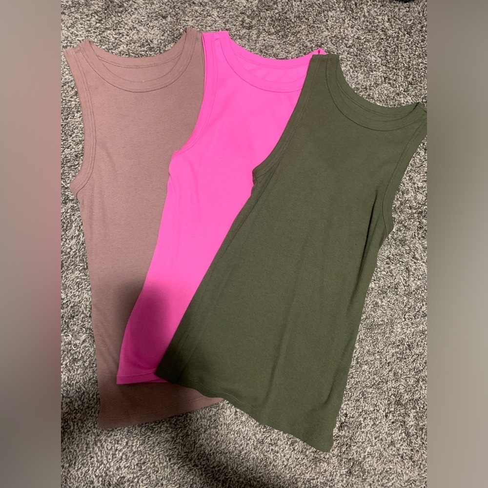 (3 pack)A New Days - women’s (m) high neck ribbed tank tops, pink, olive and tan
